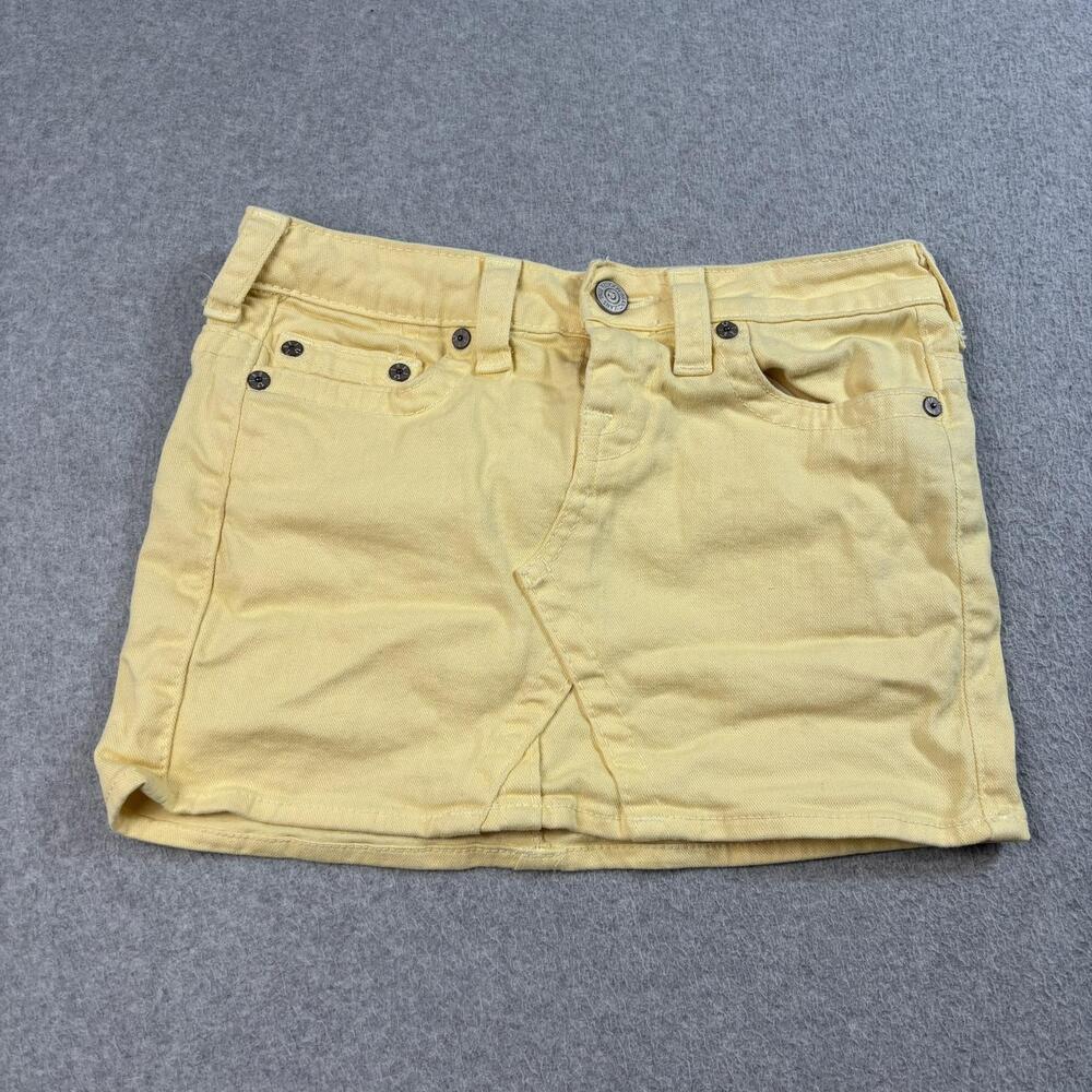 Vintage True Religion Mini Skirt Womens 26 Yellow Denim Low Rise USA Boho Y2K